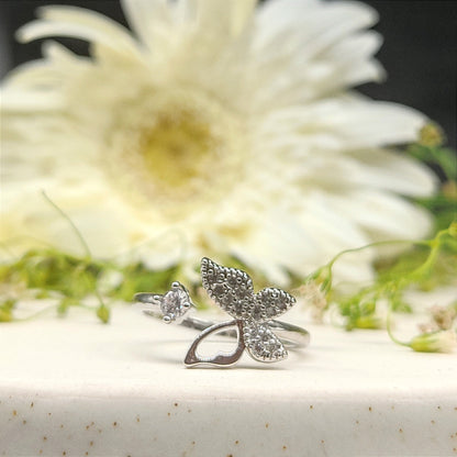 Diamond Butterfly Silver Finish Ring